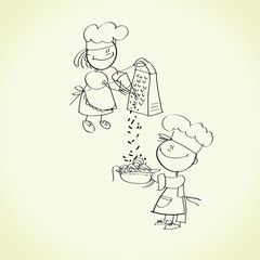 illustration of funny kids on the kitchen with Italian food