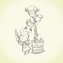 illustration of funny kids on the kitchen with Italian food