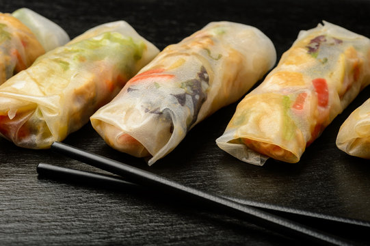Spring rolls with vegetables and chicken - traditional vietnamese cuisine.
