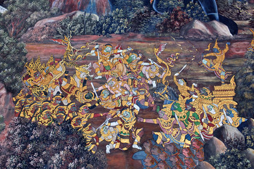 Ancient painted fresco on a temple wall at Wat Phra Kaew in Bangkok, Thailand