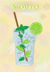 Nice mojito of ice cold glass on a color background. Soda with w