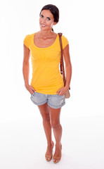 Obraz premium Happy smiling young brunette with handbag