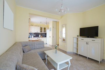 Interior of a guest house room with kitchen