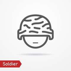 Soldier face in line style. Typical simplistic soldier in camouflage helmet. Soldier head isolated icon with shadow. Soldier vector stock image.