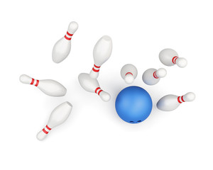 Ball smashing pins top view on white background. Falling skittles. 3d rendering