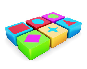 Fototapeta premium Educational colorful cubes isolated on white background. Different shape. Children's educational toys. 3d render image