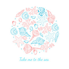 Vector background with seashells. Summer circle concept. Hand drawn illustrations.