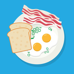 Delicious breakfast of fried eggs, bacon on white plate
