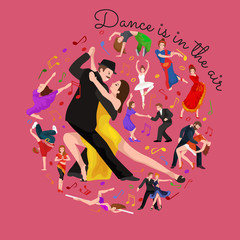 Obraz na płótnie Canvas Group of dancing people, yong happy man and woman dance together and in a couple, girl sport dancer, happy boy, dance background vector illustration pictogram isolated