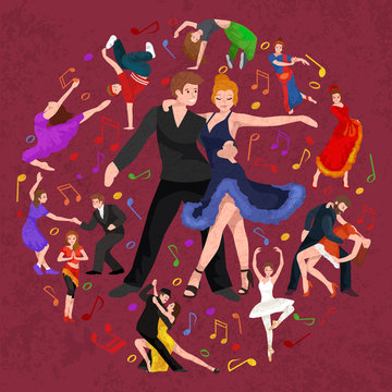 Happy Salsa dancers couple isolated on white icon pictogram, man and woman in dress dancing salsa with passion, people dancing ballroom vector illustration, young girl dancer salsa to the music