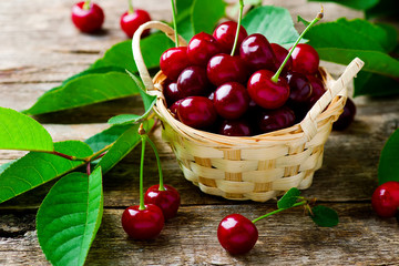 Ripe cherries in a basket