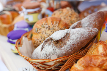 Fresh homemade bread loafs in basket