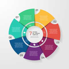 Vector circle infographic template for graphs, charts, diagrams. Pie chart concept with 7 options, parts, steps, processes.