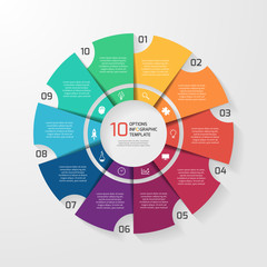 Vector circle infographic template for graphs, charts, diagrams. Pie chart concept with 10 options, parts, steps, processes.