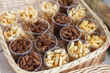 Croutons snack in plastic cups for party