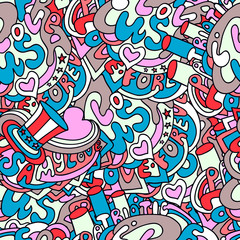pattern on the American holiday, doodle composed of text, graphics, hat, heart, cartoon style