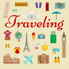 Travel tourism icons vector illustration, vacation traveling on airplane, planning a summer vacation, tourism and journey objects and passenger luggage isolated, case for baggage