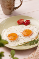 Healthy breakfast. Scrambled eggs with vegetables.