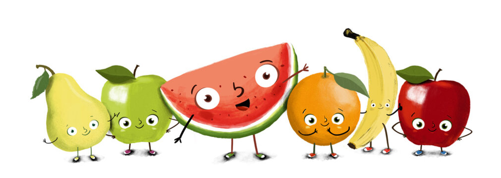 Bodegon de frutas con caras. Varias frutas juntas para niños