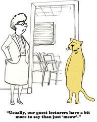 Education cartoon about a guest lecturer with few words.