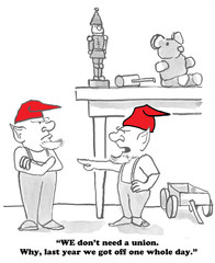 Christmas cartoon about elves debating the value of a union.