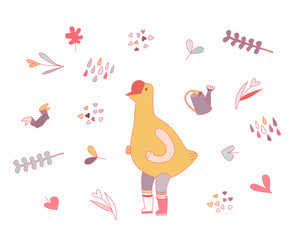 Love goose, flat cartoon vector illustration - a goose wearing rubber boots and striped knee-length socks, surrounded by garden elements in heart shape,