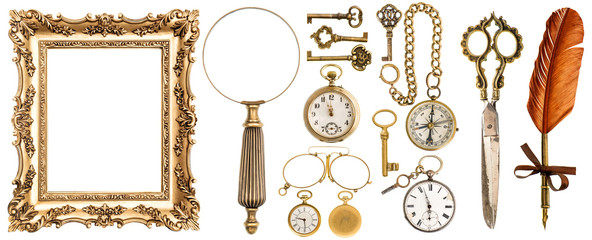 Collection golden vintage accessories antique objects picture fr - obrazy, fototapety, plakaty