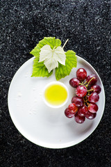 Form for Poster or Menu, wine list. Empty plate and Grapes. Appe