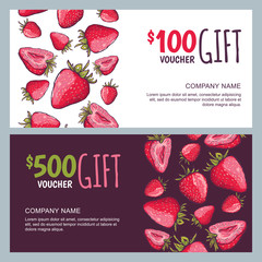 Vector gift voucher, summer design with red strawberries. Business card template. Berries background. Design concept for beauty salon, market, flyer, gift coupon, invitation, banner design.