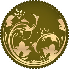 Round, unusual vintage frame with gold flowers and leaves on a dark green background. Vector illustration for your design.