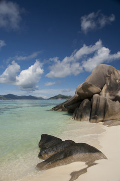 Seychelles, Island of La Digue. Anse Source D'Agent, popular white sand beach.
