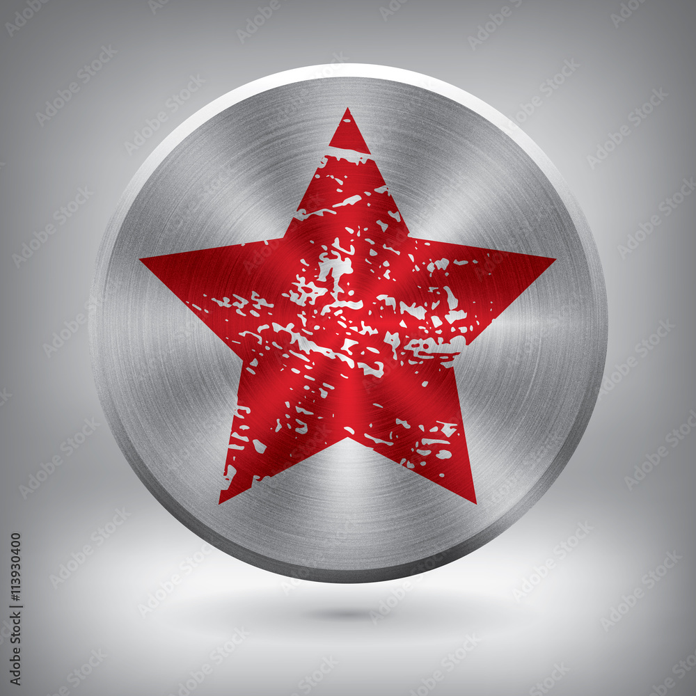 Poster metal button with red star, vector metallic texture element for you project design
