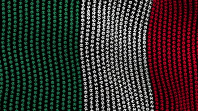 Flag of Mexico, consisting of many balls fluttering in the wind, on a black screen. Colored soccer balls forming fabric flag. Looped video.