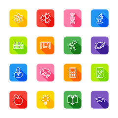 white line education and science icon set on colorful rounded rectangle with shadow for web design, user interface (UI), infographic and mobile application (apps)