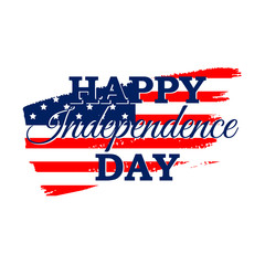 Happy Independence Day greeting card with American flag. 4th July festive concept design in traditional American colors - red, white, blue. Isolated.
