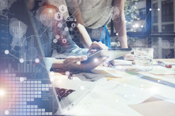 Woman Touching Screen Electronic Tablet Hand.Project Managers Researching Process.Business Team Working New Startup modern Office.International Digital Diagrams Interfaces.Analyze market stock.Blurre