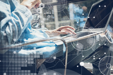 Woman Touching Keyboard Laptop Hand.Project Manager Researching Process.Business Team Working New Startup modern Office.Global Strategy Virtual Icons Chart Interfaces.Analyze market stock.Blu