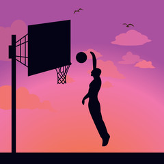 silhouette man athlete player jump action basket ball