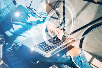 Work process modern Studio Loft.Strategy analyst working coworkers office new business startup.Using Digital Connections world wide interfaces icons display.Analyze market stock.Blurred background.