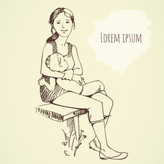 Mother breastfeeding baby. Lactation. Sketch. Drawing by hand