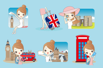 Cartoon woman travel in England