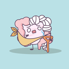 cartoon injured intestine with crutch