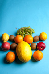 Fruit set on a blue background from above