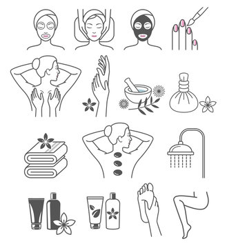Spa Massage Therapy Skin Care & Cosmetics Services Icons. Vector
