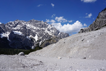 Beautiful rockfall valley of Wimbachgries with blue sky backgrou