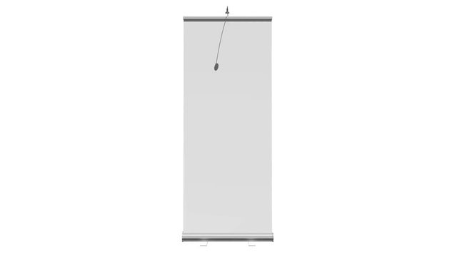 Blank Roll Up Banner Stand. Trade show booth white and blank. 3d motion graphic isolated on white background. Available in 4K FullHD and HD video render footage. Alpha matte channel included.