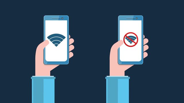 Smartphones with wi-fi sign on screen in human hands. Concept with hands holding smartphone on dark blue background. Signal lost, connecting in progress.