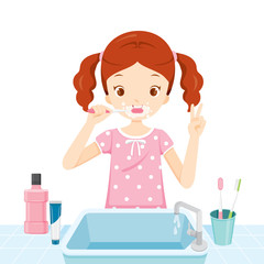 Girl In Pyjamas Brushing Her Teeth In Bathroom, Medical, Dentistry, Hospital, Checkup, Patient, Hygiene, Healthy, Treatment