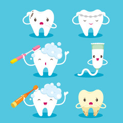 Tooth With Brush And Toothpaste Character Set, Medical, Dentistry, Hospital, Checkup, Patient, Hygiene, Healthy, Treatment