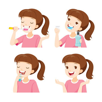 Girl Cleaning Teeth Set, Medical, Dentistry, Hospital, Checkup, Patient, Hygiene, Healthy, Treatment